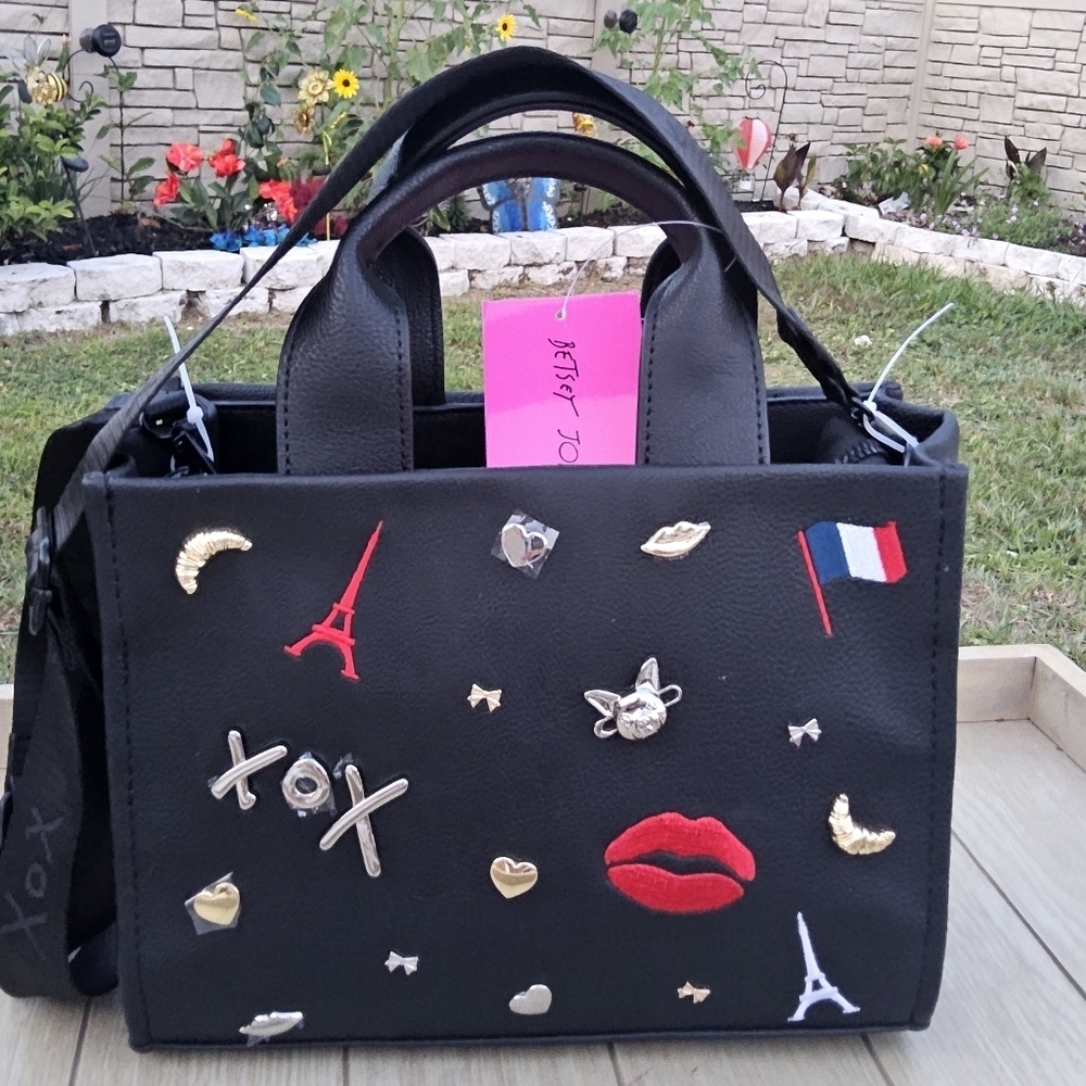NWT BETSEY JOHNSON BLACK EMBOSSED CHARM TOTE